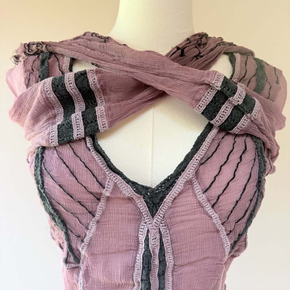 Vintage Age Mauve Sheer Crinkle Rayon Embroidered Boho Top - Picture 6 of 14